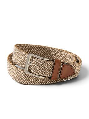 Tommy Bahama Mens Stretch 2-Tone Web Braid Belt Khaki Leather Trim Sz L 38-40

A